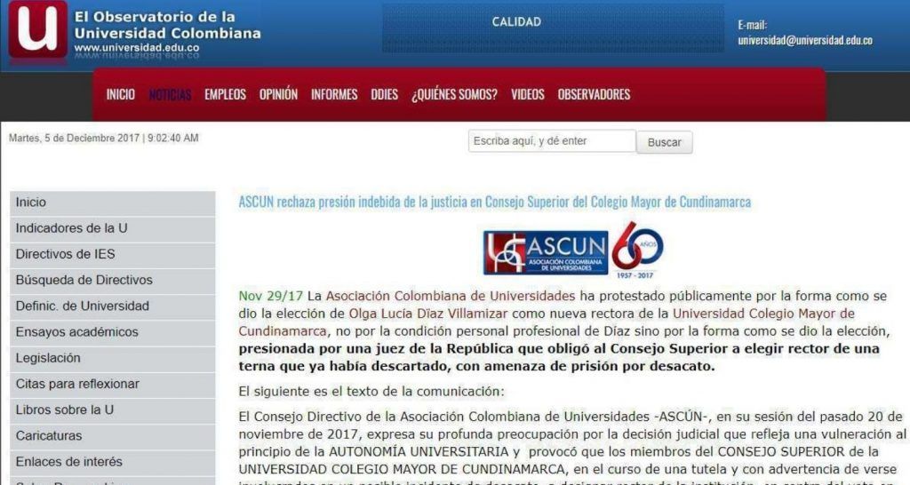 ASCUN rechaza presión indebida de la justicia en Consejo Superior del Colegio Mayor de Cundinamarca